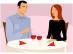 man en vrouw zitten aan een romantisch gedekte tafel en kijken elkaar aarzelend aan